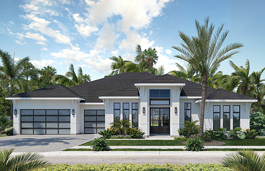 Modern Home front exterior with palm trees