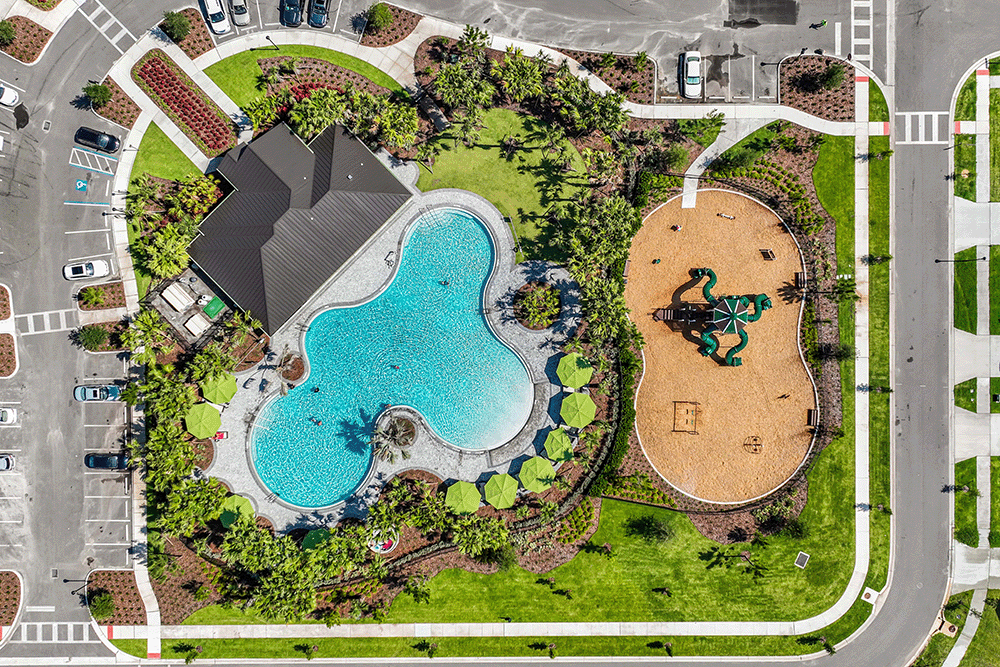 aerial view of park and pool