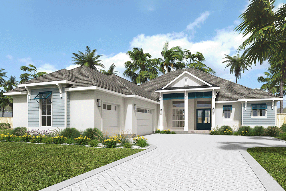 Coastal white one-story home with palm trees