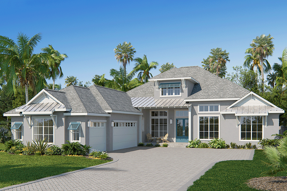 Coastal one-story home with palm trees