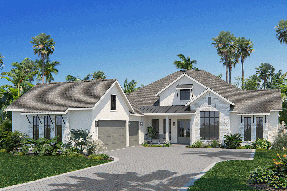 transitional home with palm trees