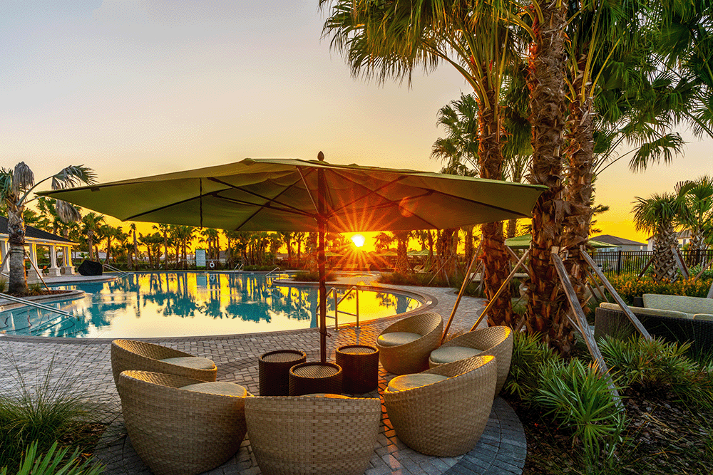 poolside lounge at sunset 