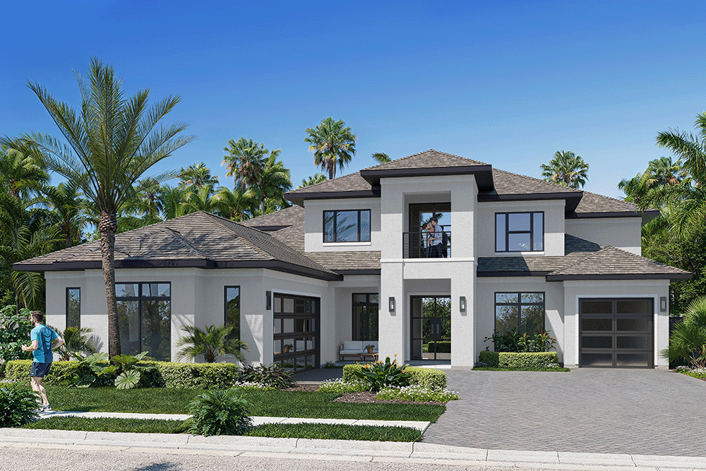 Modern two-story home in Florida with palm trees