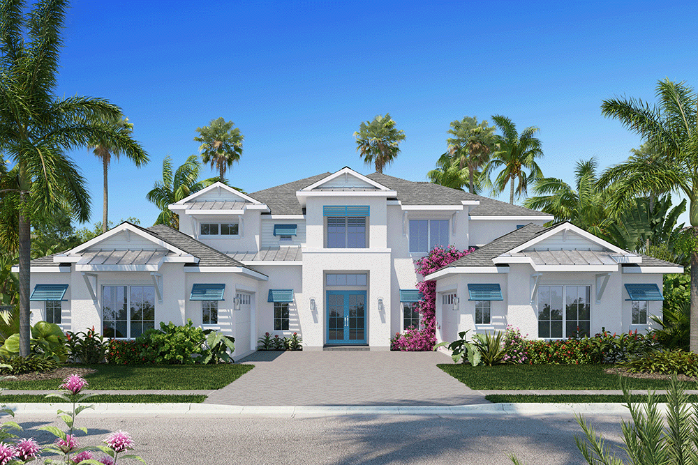 Coastal white two-story home with blue accents