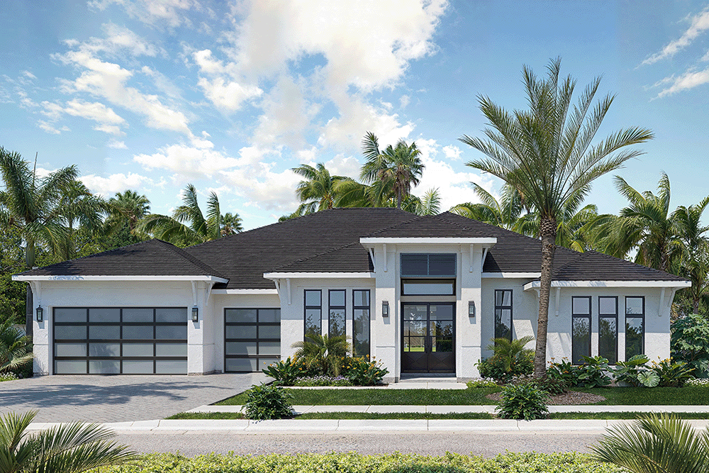 Modern style one-story home with mature palm trees