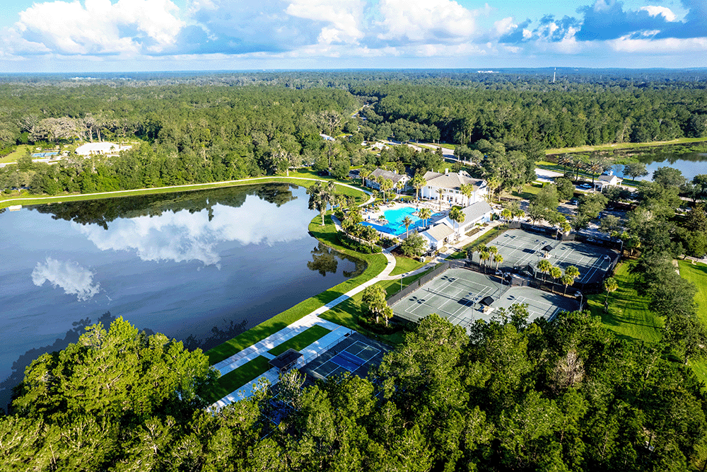 aerial lake view of the community with trees