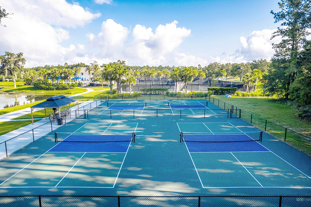 pickleball court with trees providing shade