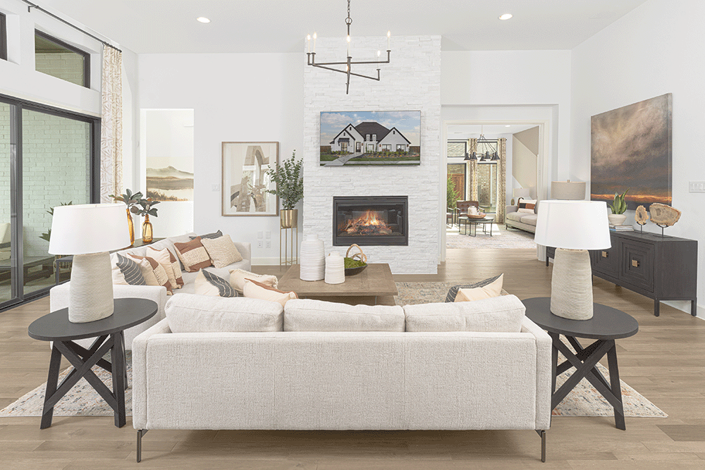 Living room with beautiful white couch and end tables